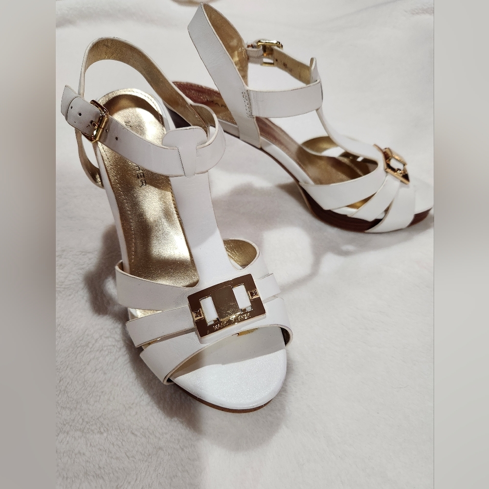 Marc Fisher Women's White Heels Sandals w/Golden Tone Buckles, Size 6.5